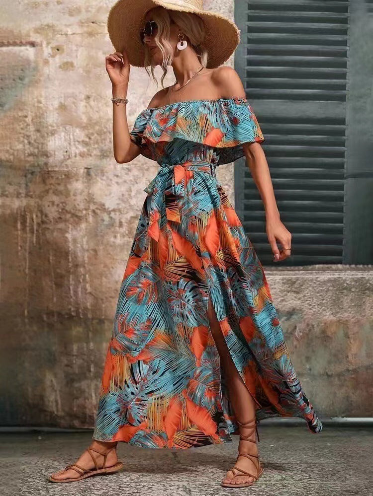 Damen Maxikleid Off-Shoulder Design Tiefes Dekolleté