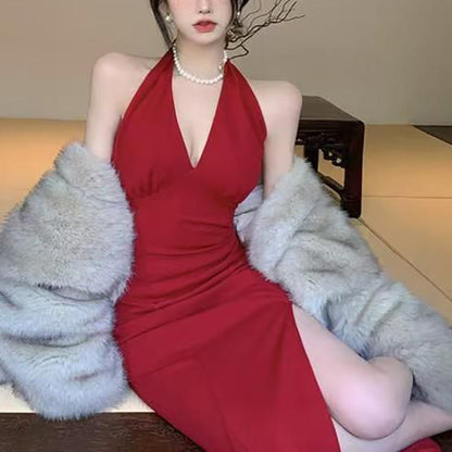 Damen Maxikleid V-Ausschnitt Seitenschlitz Elegantes Abendkleid