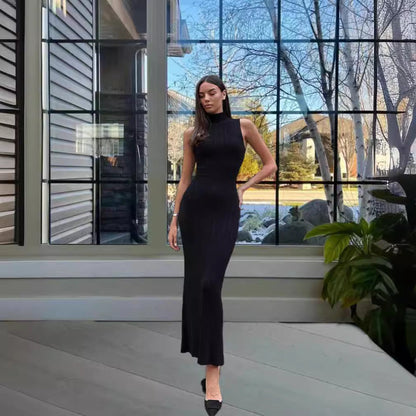 Damen Maxikleid Hohler Kragen Rippmuster Elegant