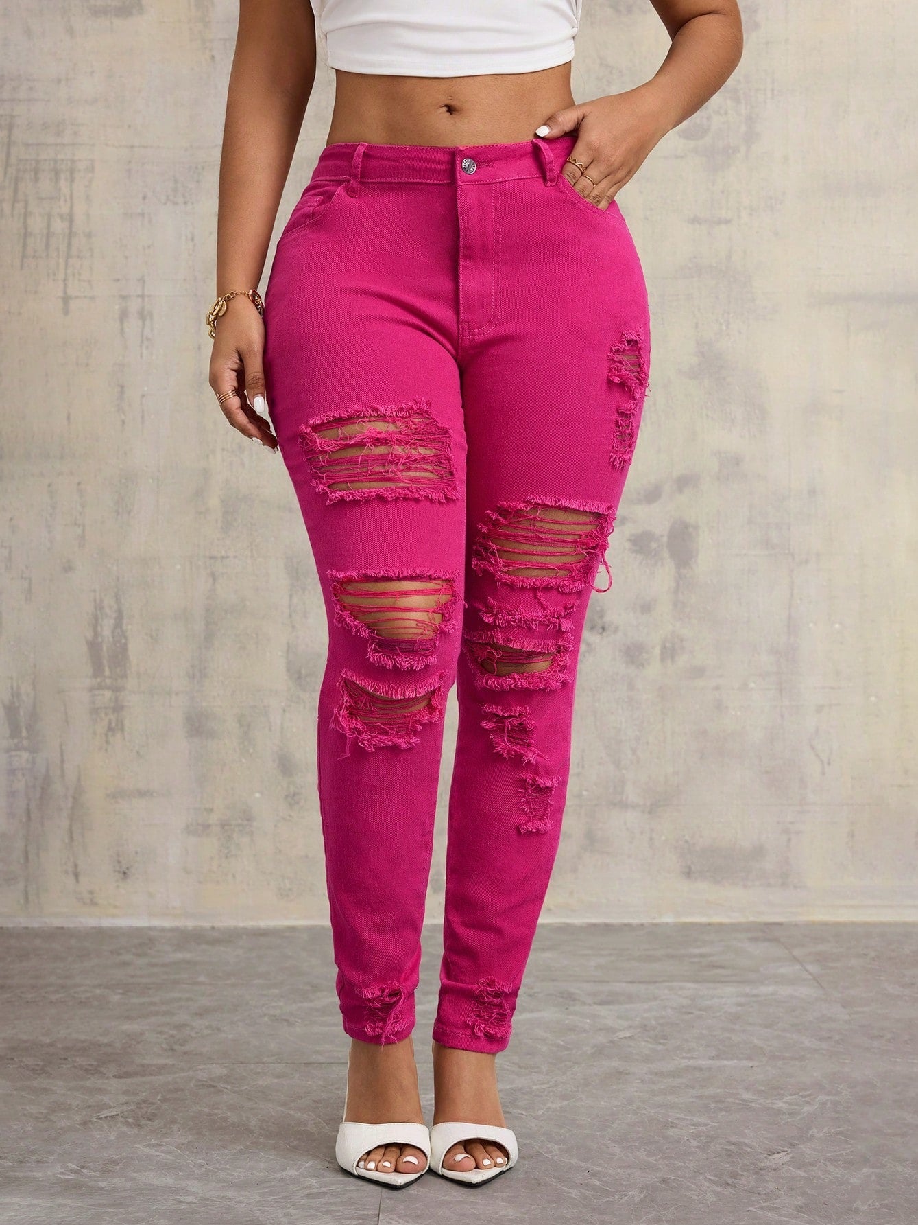 Damen Skinny Jeans Destroyed Hochbund Dark Blue Norvielle