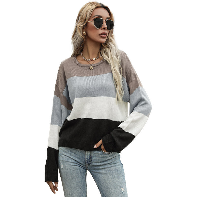 Damen Strickpullover Leichter Streifenmuster Locker Beige