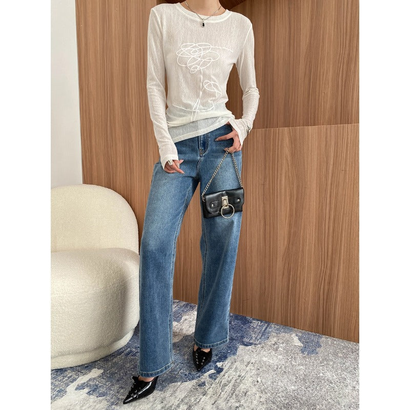 Damen Langarmshirt Leichter Stoff Feiner Grafikdruck Norvielle
