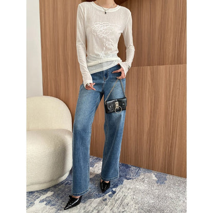Damen Langarmshirt Leichter Stoff Feiner Grafikdruck Norvielle