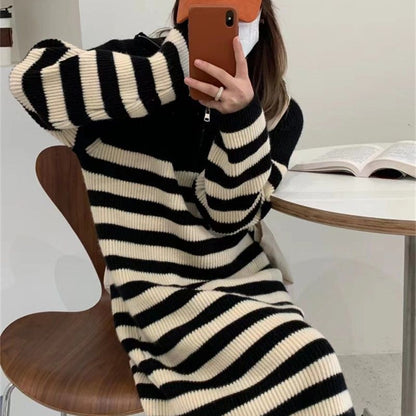Damen Strickkleid Stehkragen Halb-Reißverschluss Norvielle