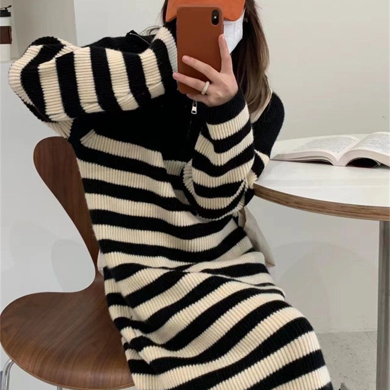 Damen Strickkleid Moderner Stehkragen Reißverschluss