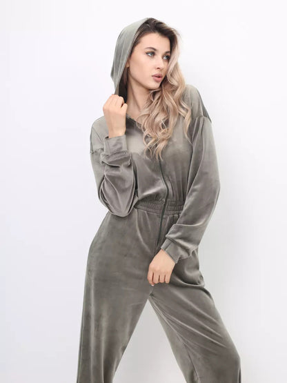Damen Velours-Jumpsuit mit Kapuze elastisch Norvielle