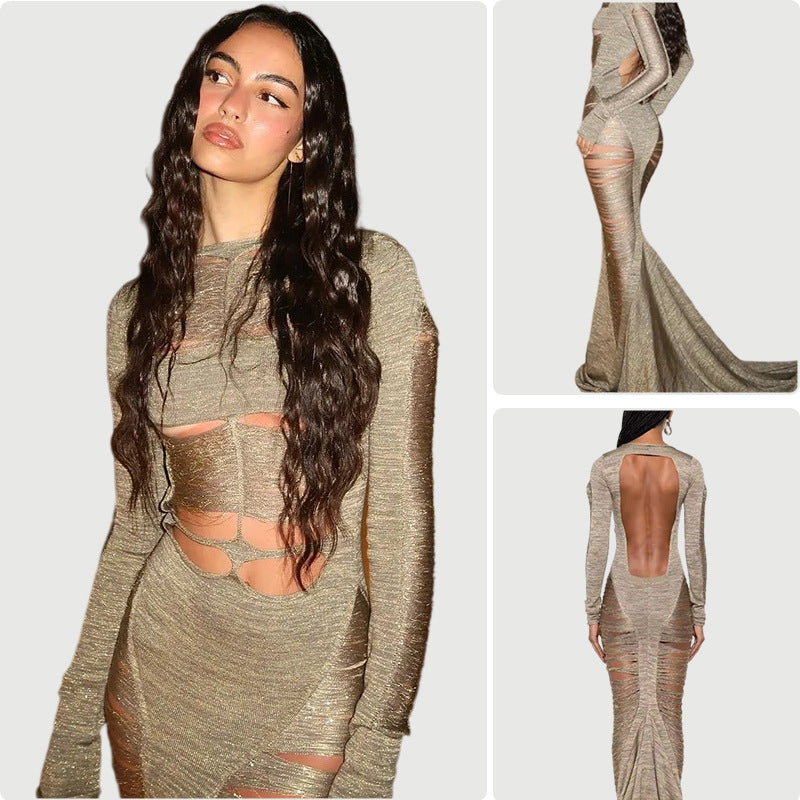 Damen Abendkleid Langärmlig Cut-Out schwingender Saum Norvielle - Norvielle