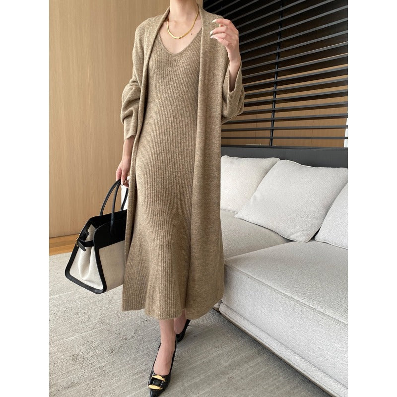 Damen Maxikleid Strick V-Ausschnitt Lässige Jacke Beige
