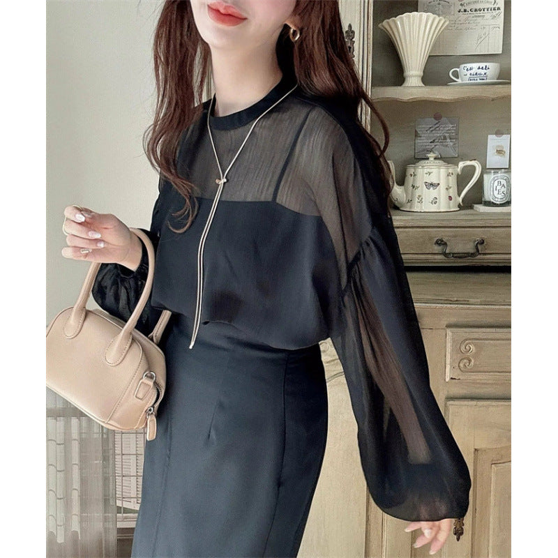 Damen Bluse Rundhalsausschnitt Voluminöse Ärmel Elegantes Design