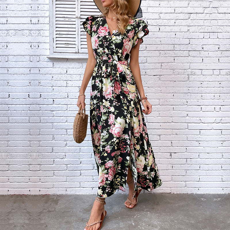 Damen Maxikleid mit floralem Muster, Schlitz und taillierbarem Gürtel