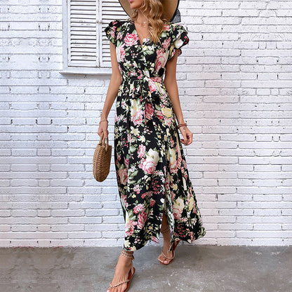 Damen Maxikleid mit floralem Muster, Schlitz und taillierbarem Gürtel