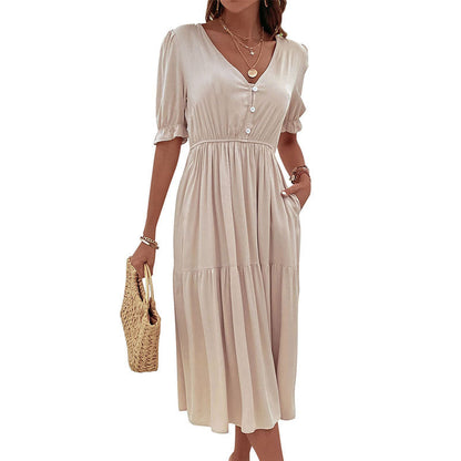 Damen Midi-Kleid Knopfdetail Voluminöse Ärmel Norvielle