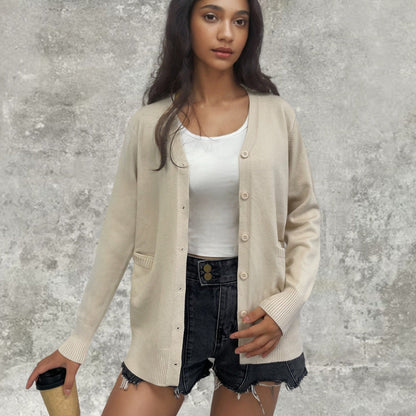 Damen Strickjacke Rippenmuster Taschen Beige - Norvielle