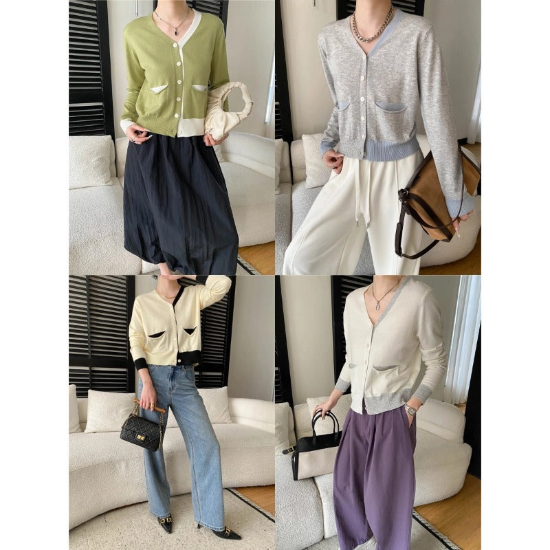 Damen Strickjacke V-Ausschnitt mit Taschen Norvielle