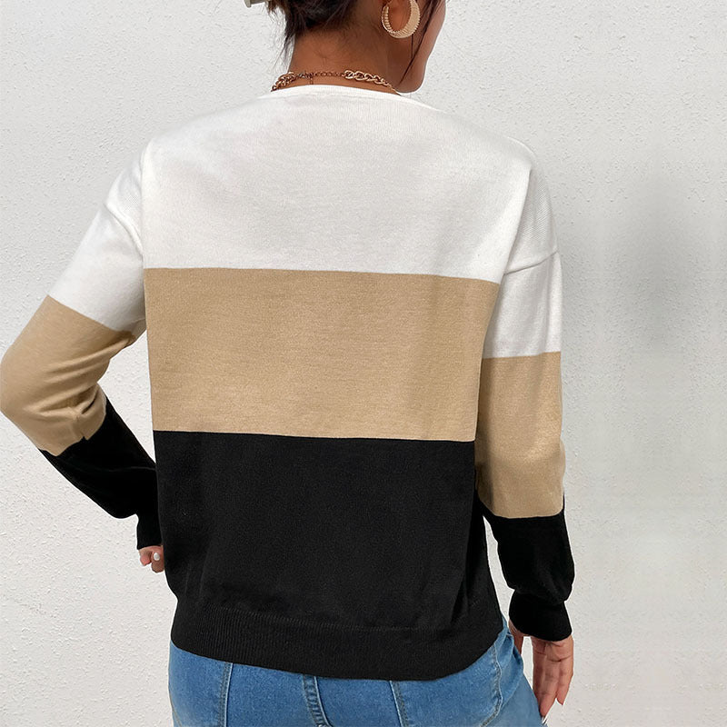 Damen Pullover V-Ausschnitt Farbblock-Design Norvielle