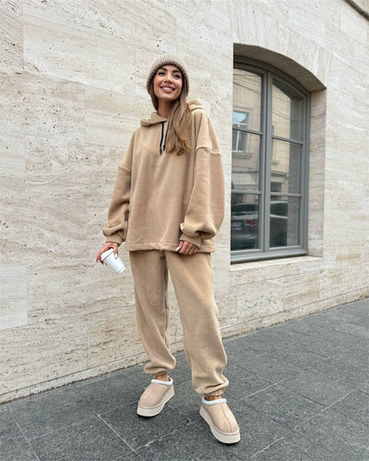 Damen Fleece-Loungewear-Set mit Kapuze Weites Design Beige