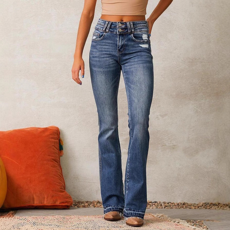 Damen High-Waist Bootcut Jeans Distressed Dunkelblau - Norvielle