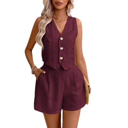 Leinenoptik Damen Zweiteiler Ärmelloses Gilet High-Waist Shorts