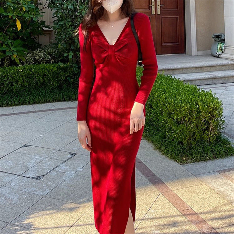 Damen Strickkleid V-Ausschnitt Seitenschlitz Norvielle