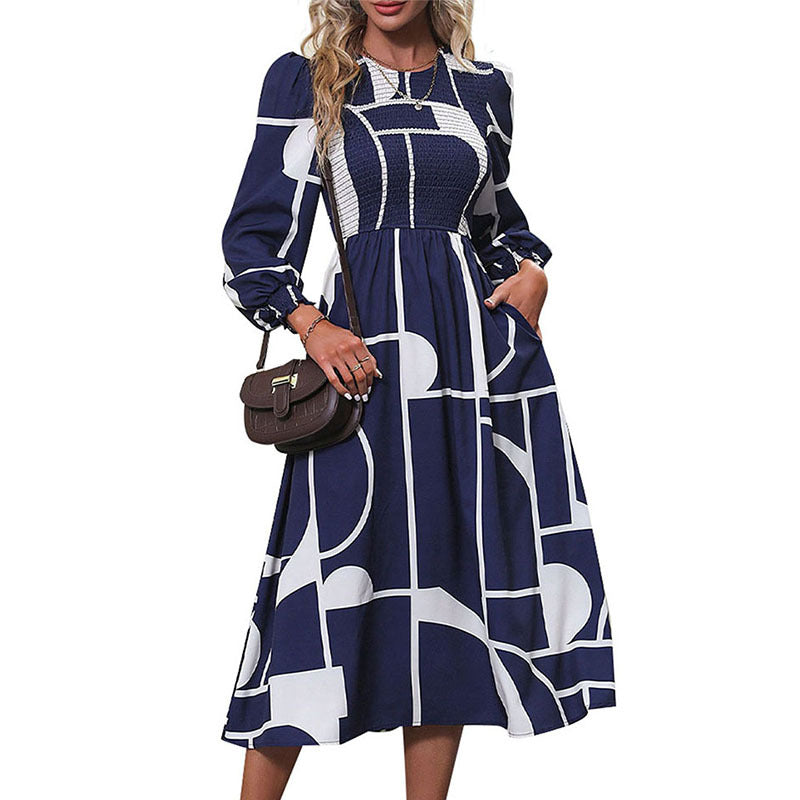 Damen Midi-Kleid Geometrisches Muster Eleganter Schnitt