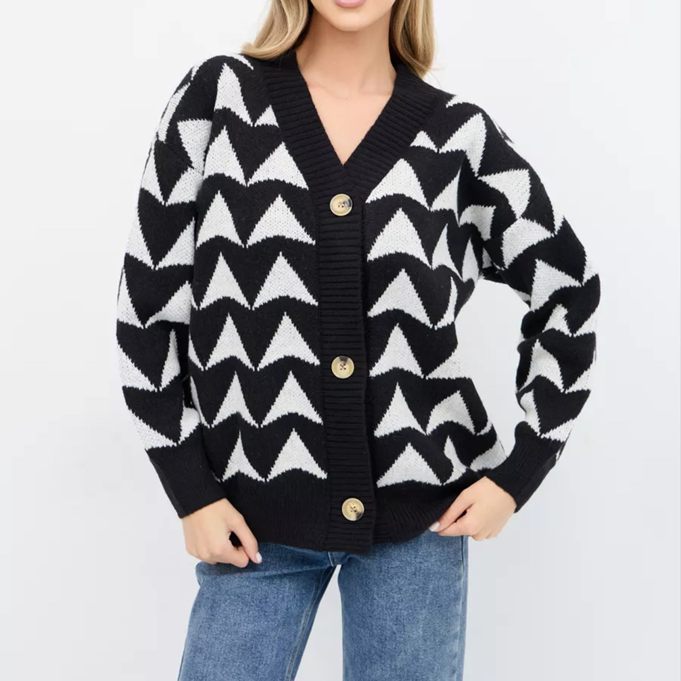 Damen Cardigan Wellenmuster Goldknöpfe Beige