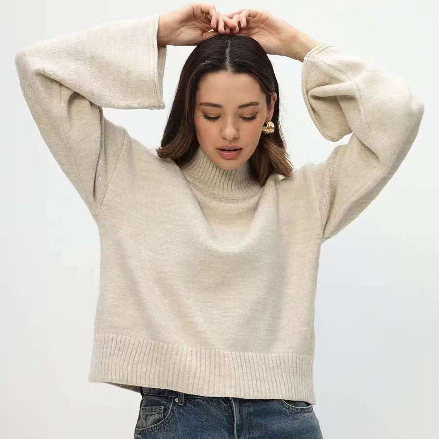Damen Grobstrickpullover Stehkragen Voluminöse Ärmel Norvielle