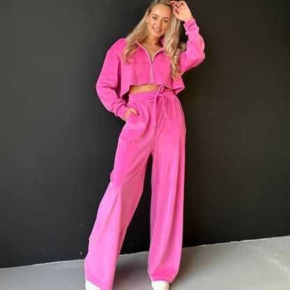 Damen Cropped Fleece-Jogginganzug Hochschließender Kragen