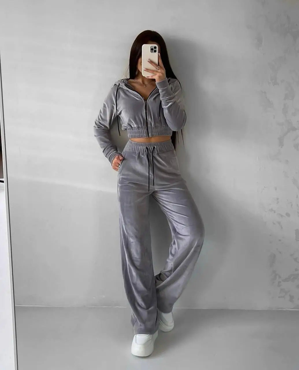 Damen Fleece-Set Cropped Oberteil Weite Hose