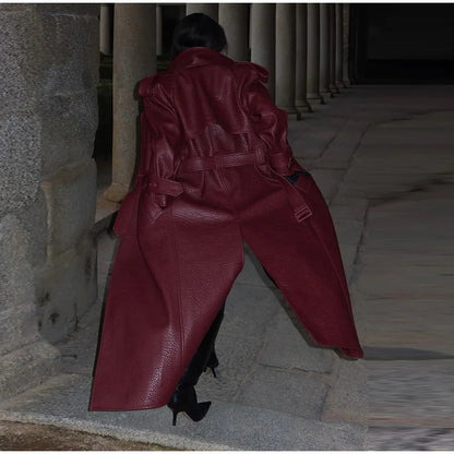 Damen Kunstleder-Trenchjacke Hochkragen