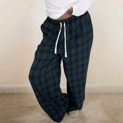 Damen Karohose Elastischer Bund Verstellbarer Kordelzug