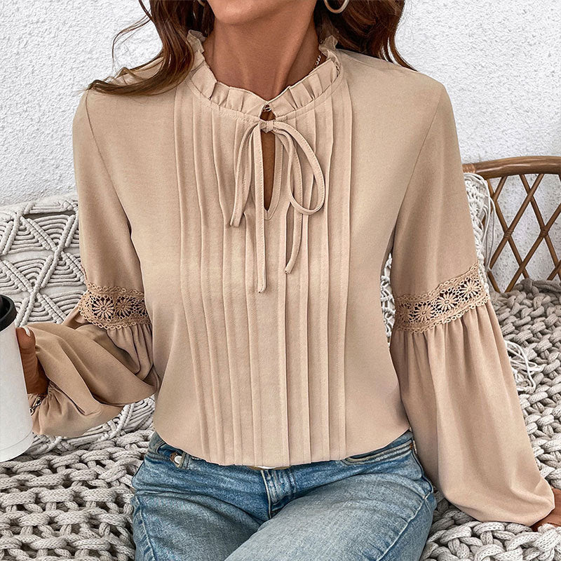 Damen Longbluse Spitzenakzente Feine Falten Norvielle