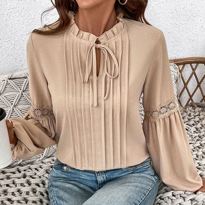 Damen Longbluse Spitzenakzente Feine Falten Norvielle