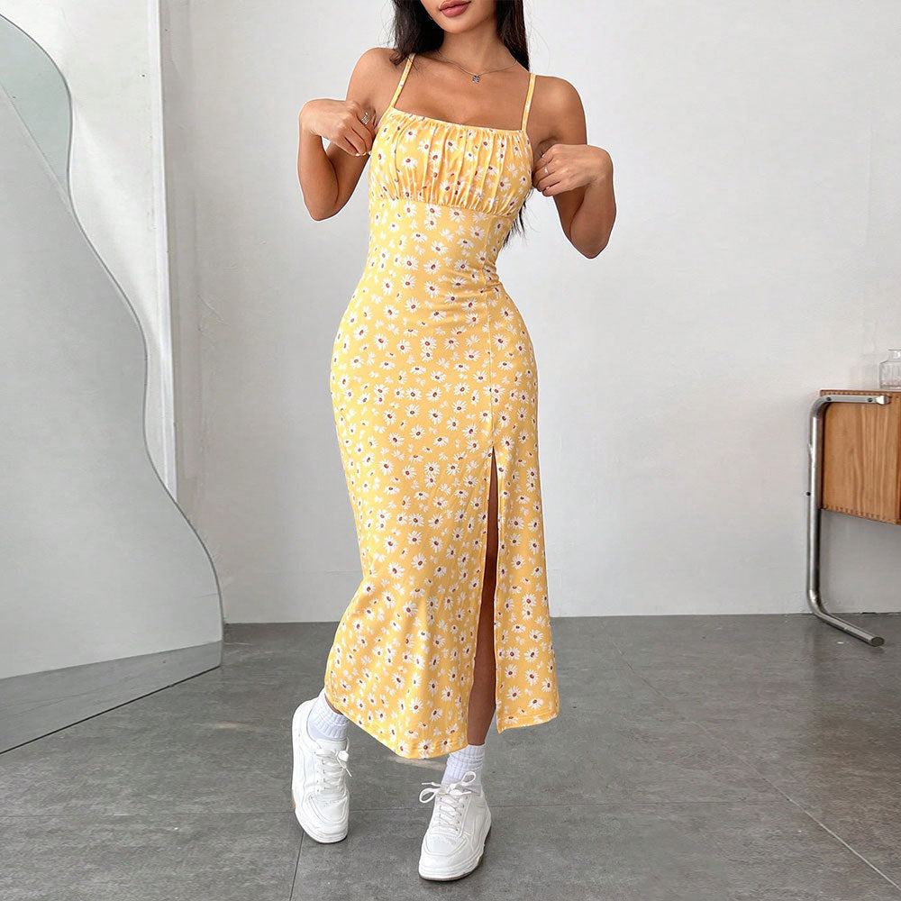 Damen Midikleid Blumenprint Hochschlitz