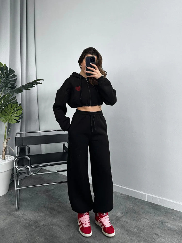 Damen Hoodie Jogginghose Set Cropped Oberteil Elastischer Bund