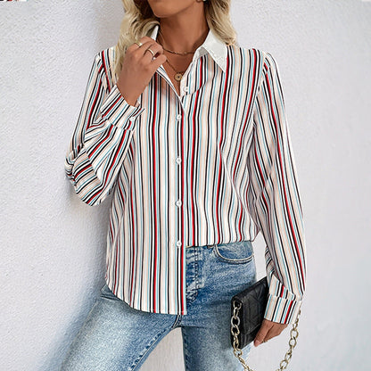 Damen Bluse Streifenmuster Eleganter Kragen Weiß