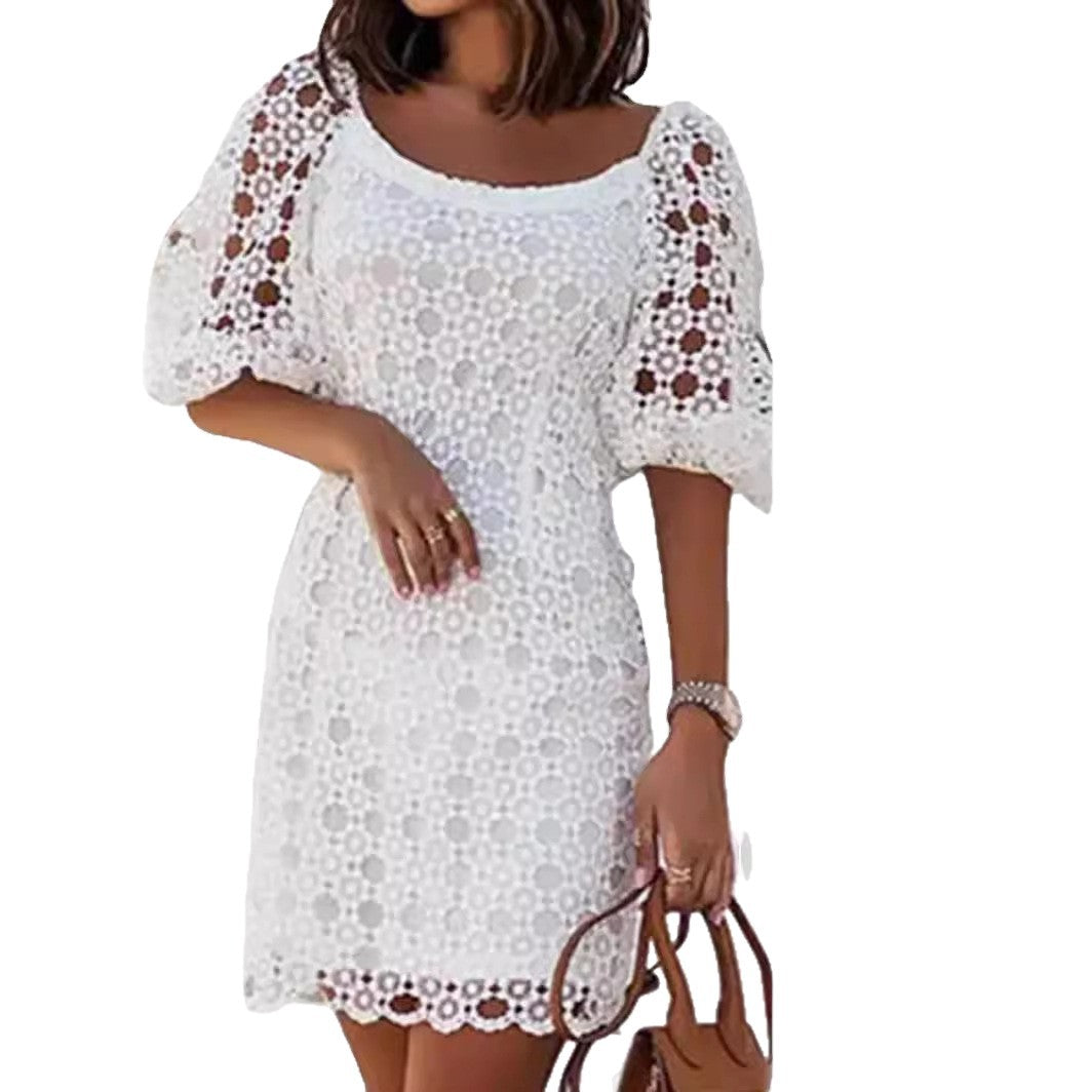Damen Spitzenkleid Ballonärmel Floralmuster