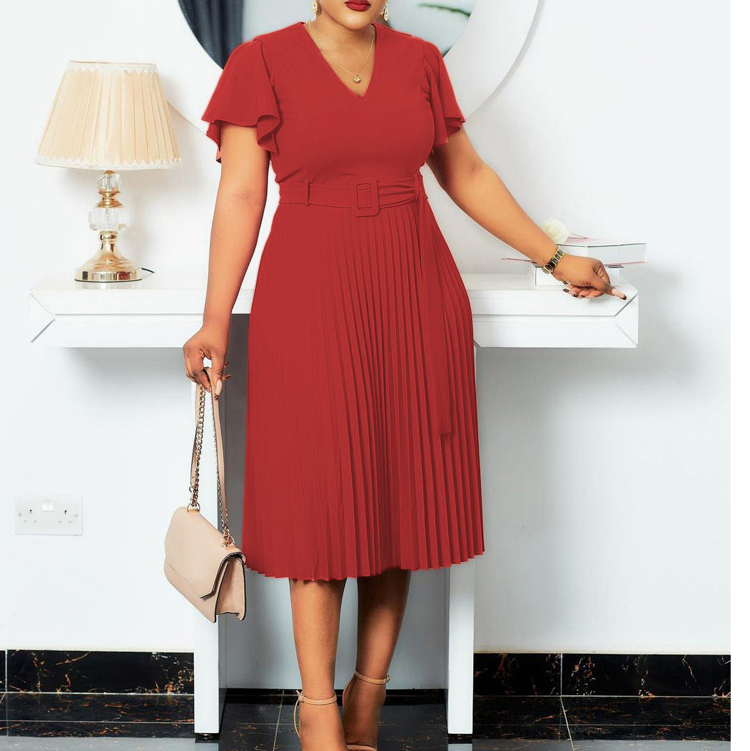 Damen Plissee-Kleid mit Taillengürtel Elegantes Damenkleid