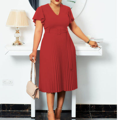 Damen Plissee-Kleid mit Taillengürtel Elegantes Damenkleid