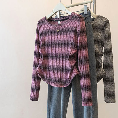 Damen Langarm-Shirt Legeres Rippmuster Gestreift Norvielle