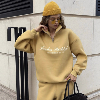 Damen Oversized Pullover Halbärmel Mit Reißverschluss Beige
