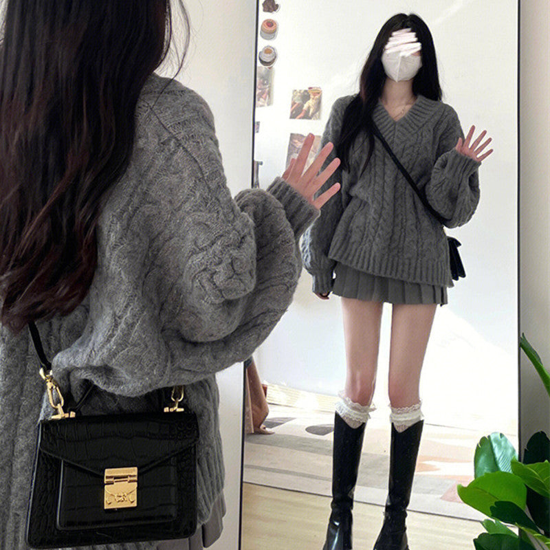 Damen Grobstrickpullover V-Ausschnitt Voluminöse Ärmel Norvielle