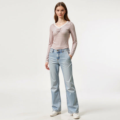 Damen Langarmshirt Gestreift Rüschen Details Weiß