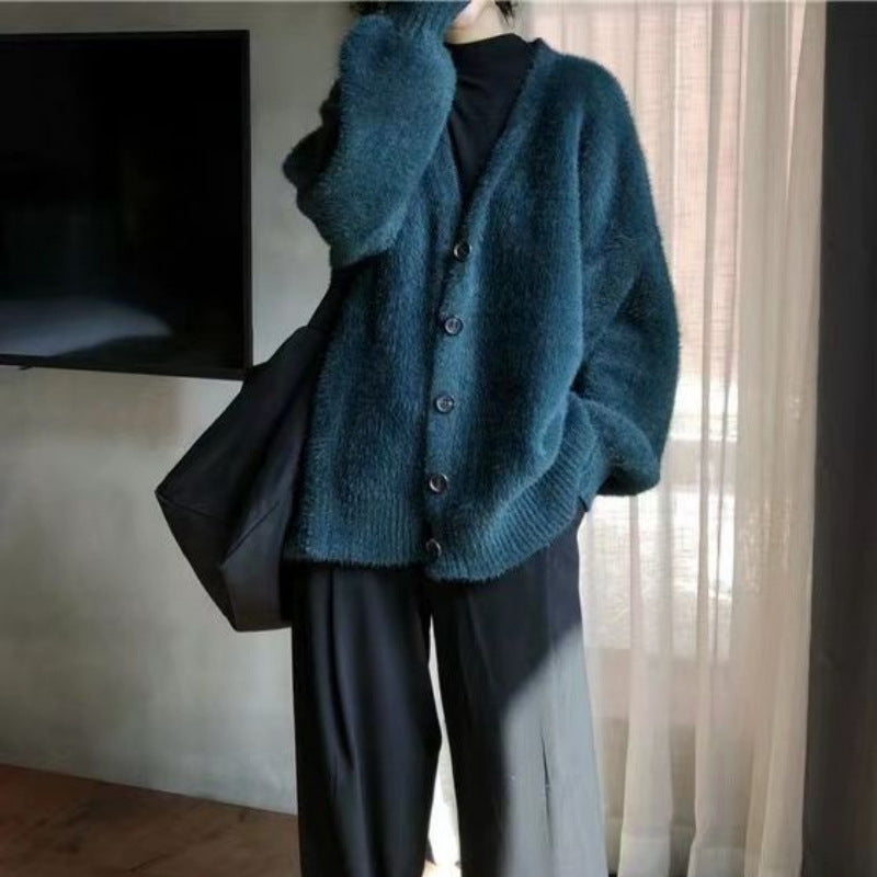 Damen Strickcardigan Große Knöpfe Lässig Beige
