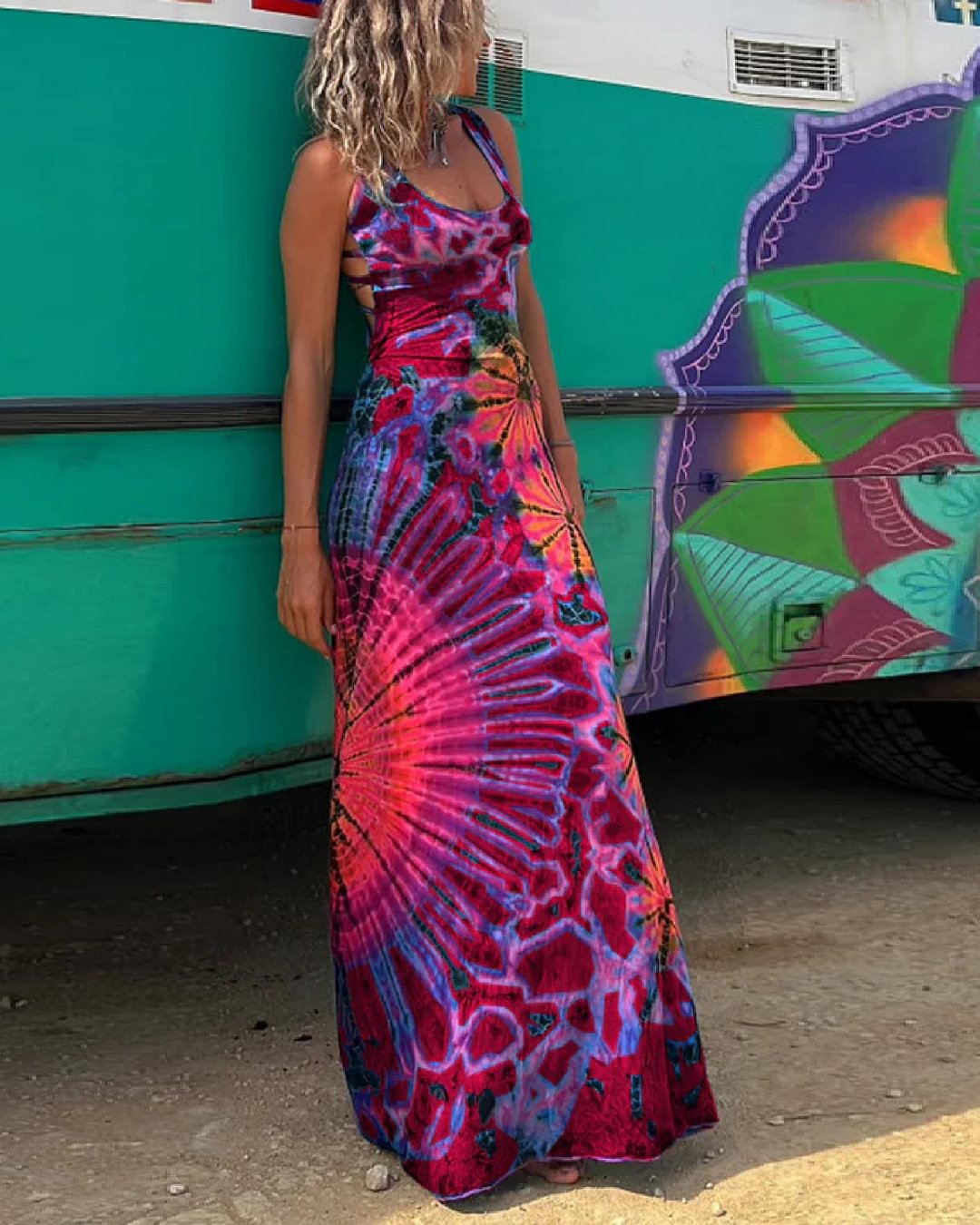 Norvielle Damen Maxikleid Spitze Tie-Dye-Print