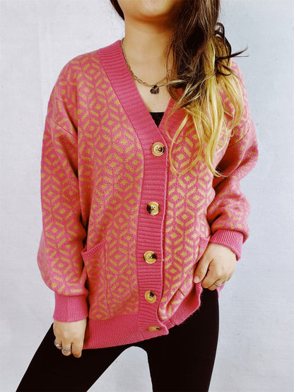 Damen Strickjacke Geometrisches Muster Goldton Norvielle