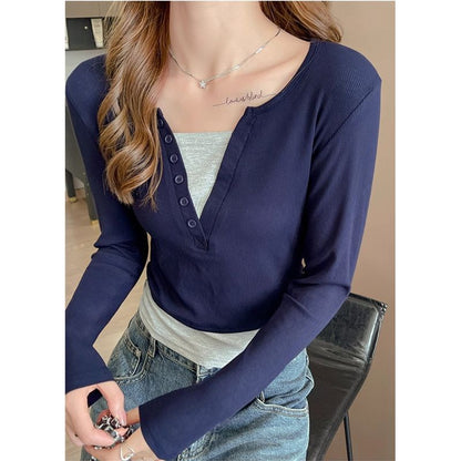Damen Langarmshirt Knopfdesign Baumwolle Weiß