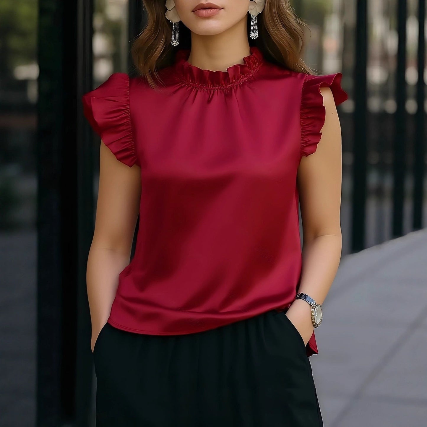 Damen Bluse mit Rüschendetails Stehkragen Elegante Bluse
