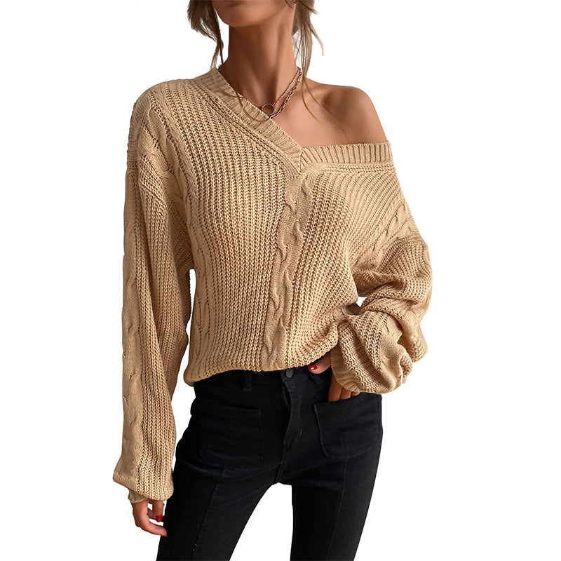 Damen Strickpullover Weit V-Ausschnitt Rautenmuster Norvielle