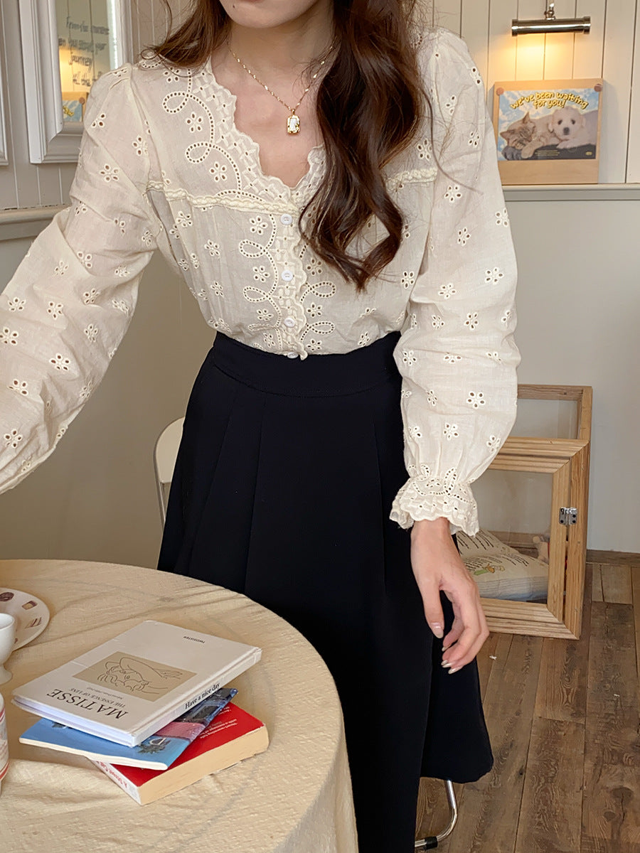 Damen Bluse Spitzenkante Knöpfe Norvielle
