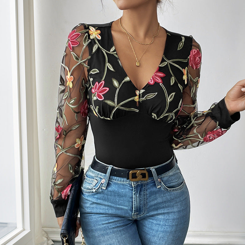 Damen Body mit bestickten Puffärmeln und V-Ausschnitt